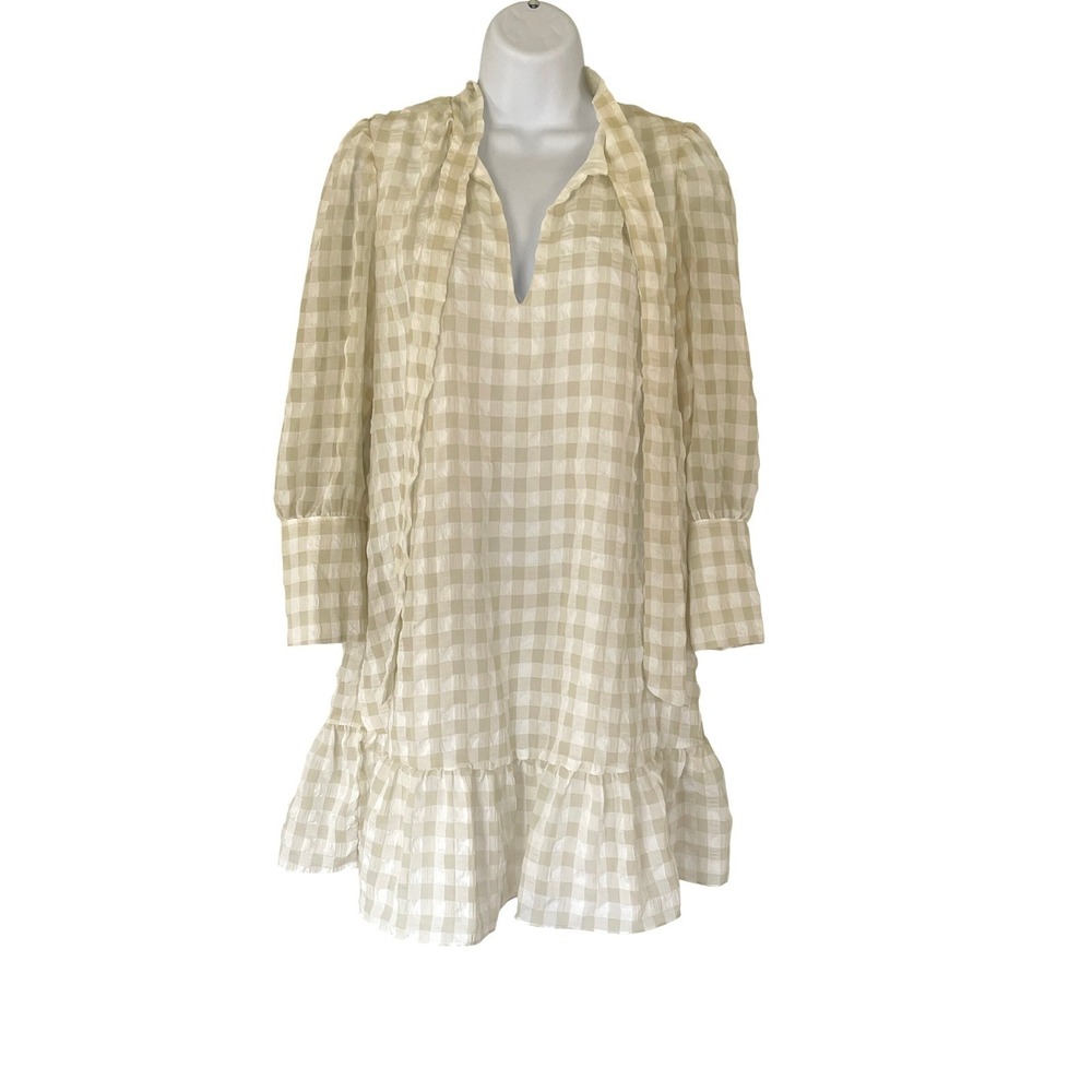 Walter Baker Beige Gingham Tie Neck Ruffle Mini Dress W71243 Womens Medium - Picture 1 of 8